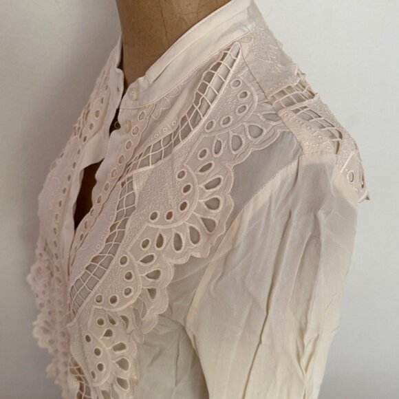 Reiss 2 Embroidered detailed Cream Blouse fancy collar button front long sleeve - Picture 5 of 9